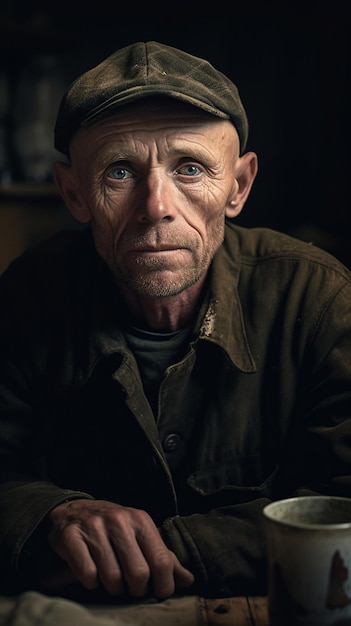 un homme avec un chapeau sur la tête regarde la caméra.