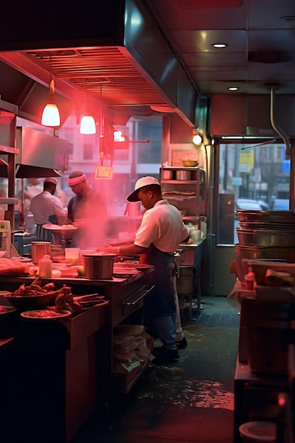 un homme avec un chapeau travaille dans une cuisine avec une pancarte indiquant "chef"