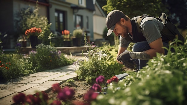 un homme en chapeau travaille dans un jardin