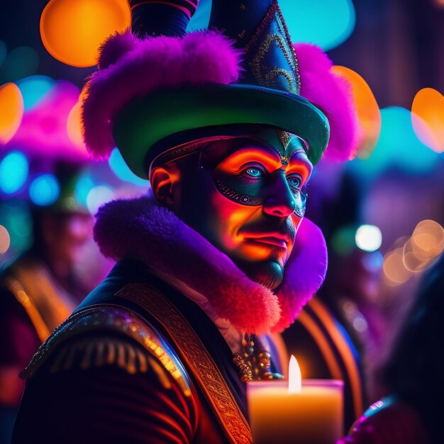 Un homme avec un chapeau vert et un chapeau violet se tient devant une bougie allumée.