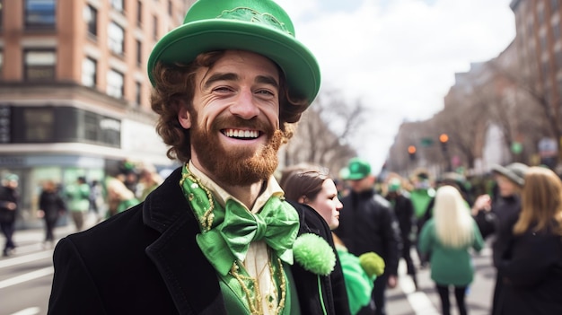 un homme avec un chapeau vert et un nœud papillon vert sourit dans le défilé.