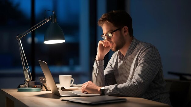 Photo homme chargé de travail tard dans la nuit