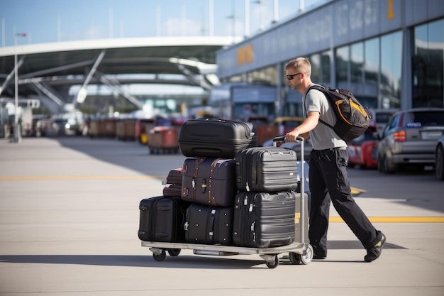 Un homme avec un chariot de fret transportant une montagne de valises jusqu'à la voiture depuis l'aéroport