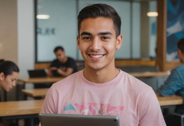 Un homme charmant en chemise rose sourit alors qu'il utilise une tablette dans un cadre universitaire signalant un