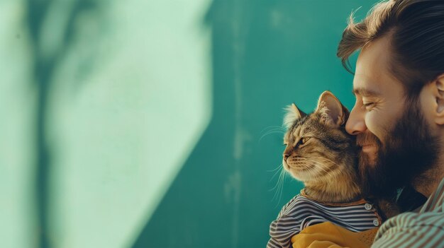 un homme et un chat regardent la caméra