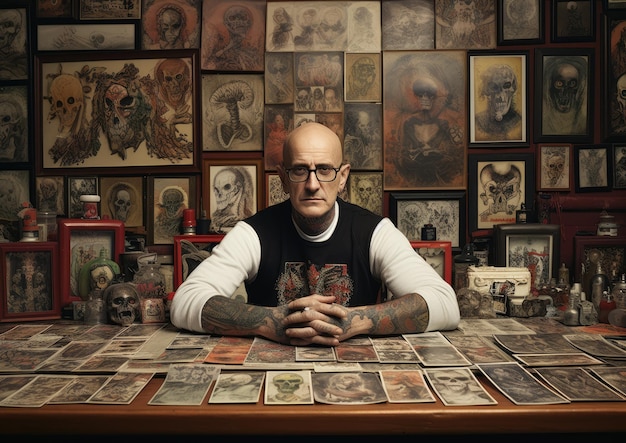 Un homme chauve et cool exhibant sa collection de tatouages