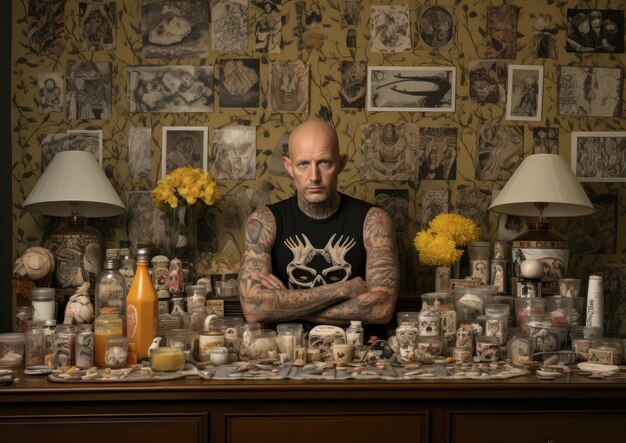 Un homme chauve et cool exhibant sa collection de tatouages