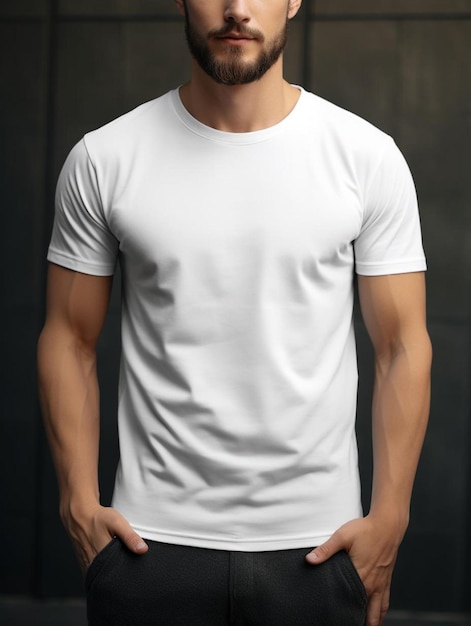 un homme en chemise blanche avec une chemise blanche qui dit "t-shirt".