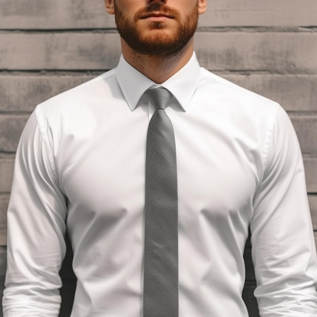 Photo un homme avec une chemise blanche et une cravate grise se tient devant un mur de briques.