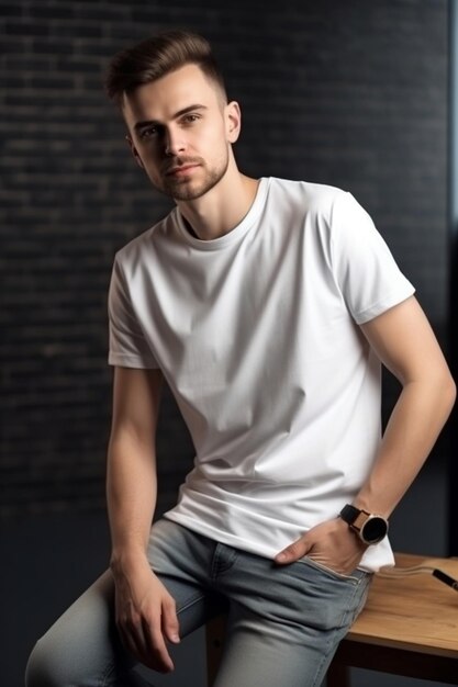 Un homme en chemise blanche est assis sur un tabouret en bois et porte une montre.