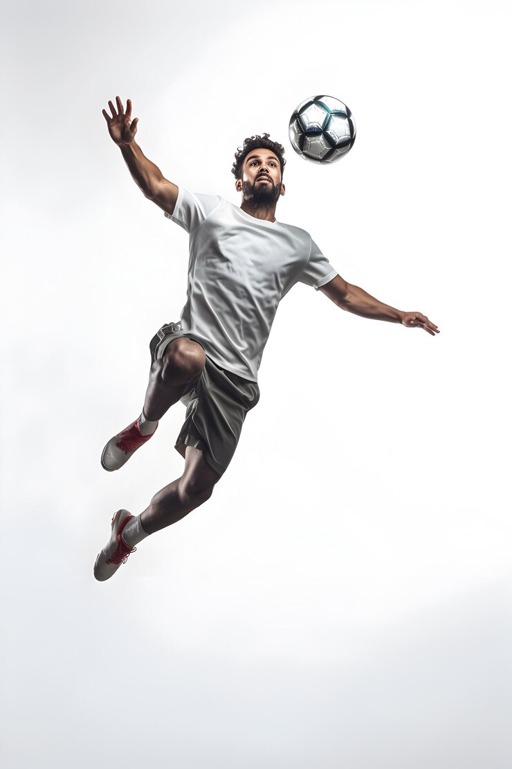Un homme en chemise blanche joue au football avec une balle.