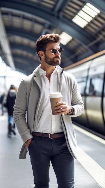 Photo un homme en chemise blanche et lunettes de soleil attend un train