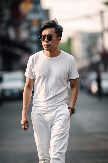 Un homme en chemise blanche et lunettes de soleil marche dans la rue.