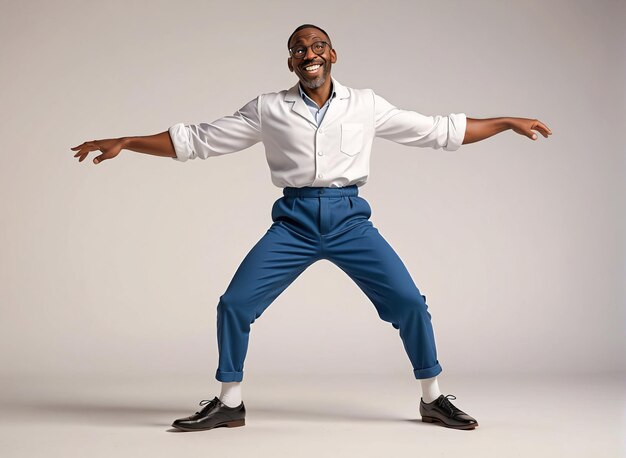 un homme en chemise blanche et en pantalon bleu