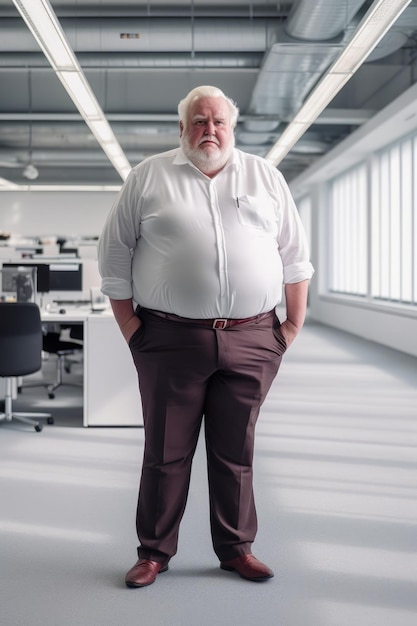 Photo un homme en chemise blanche et en pantalon brun se tient dans un bureau vide.