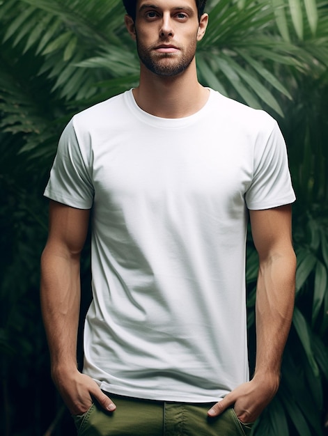 un homme avec une chemise blanche qui dit "t-shirt".