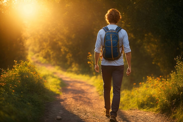 Un homme en chemise blanche avec un sac à dos qui s'éloigne en été