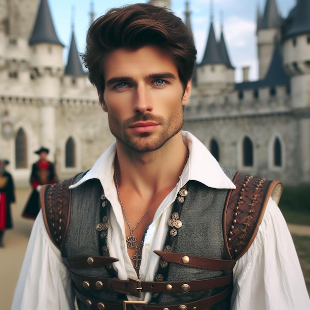 Photo un homme en chemise blanche se tient devant un château