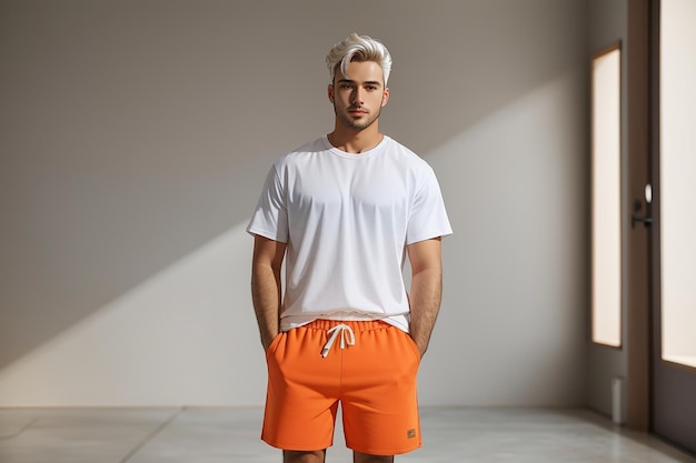 Un homme en chemise blanche et en short orange