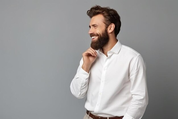 un homme en chemise blanche sourit et porte une chemise blanque