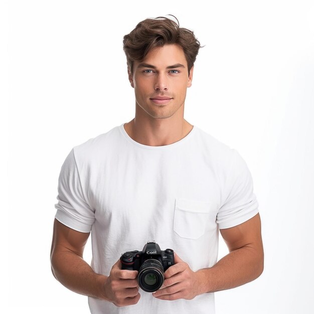 un homme en chemise blanche tenant un appareil photo et portant une chemise blanche
