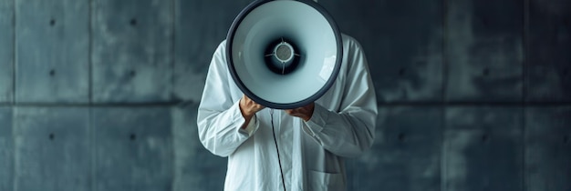 un homme en chemise blanche tient un grand haut-parleur