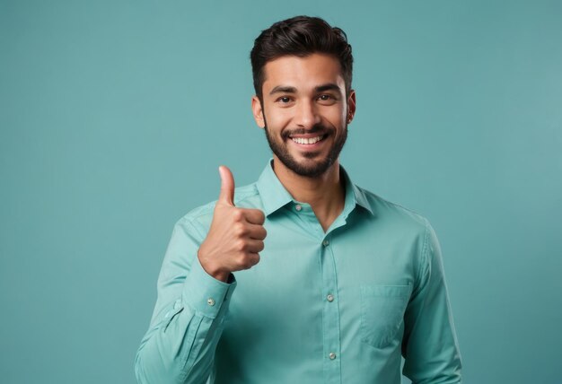 Un homme en chemise bleu clair sourit et montre le pouce en l'air le fond bleu flou crée l'accent sur