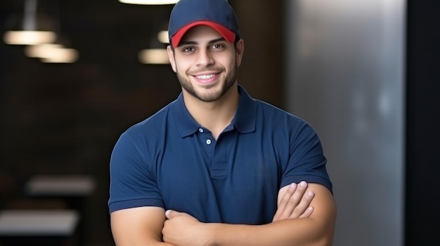 Un homme avec une chemise bleue et un chapeau rouge.