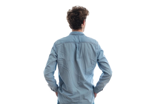 Homme en chemise bleue debout avec les mains à l'arrière