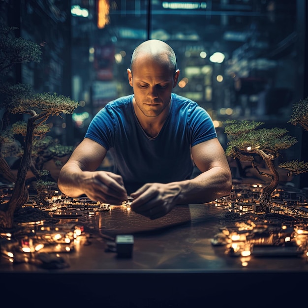 un homme en chemise bleue est assis devant une table avec un arbre et un téléphone portable