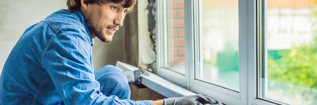 L'homme en chemise bleue fait une bannière d'installation de fenêtre format long