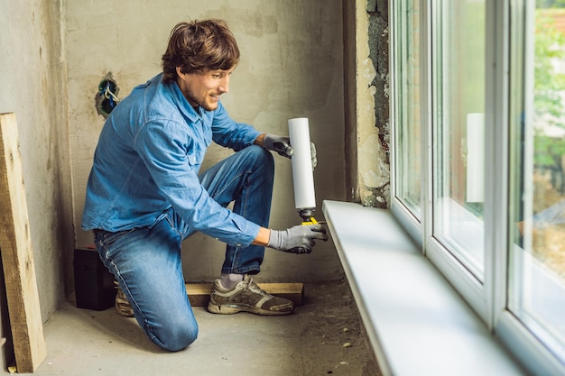 Un homme en chemise bleue fait l'installation de fenêtres. Utilisation d'une mousse de montage