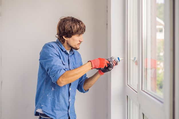 Un homme en chemise bleue fait l'installation de fenêtres.