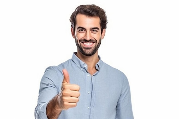 Un homme en chemise bleue montre un signe de pouce levé avec un signe de pouce levé sur un fond blanc.