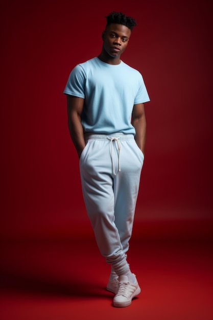 Un homme en chemise bleue et pantalon blanc se tient devant un fond rouge.