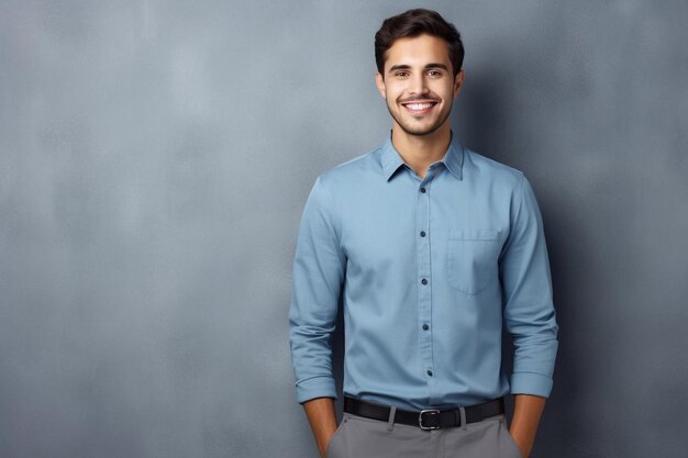 un homme en chemise bleue pose pour une photo