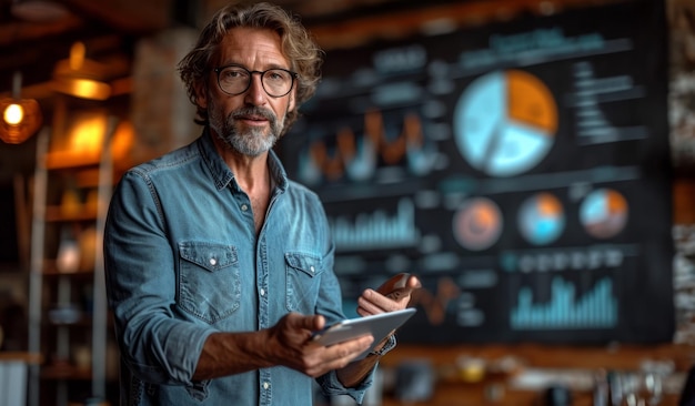 L'homme en chemise bleue tenant la technologie de la tablette et le concept de communication