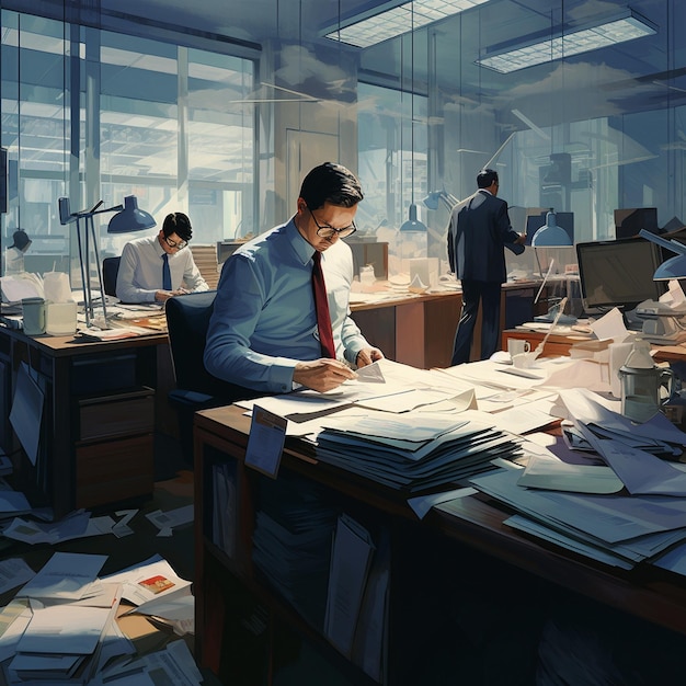 un homme en chemise bleue travaille à un bureau avec des papiers et des papiers.