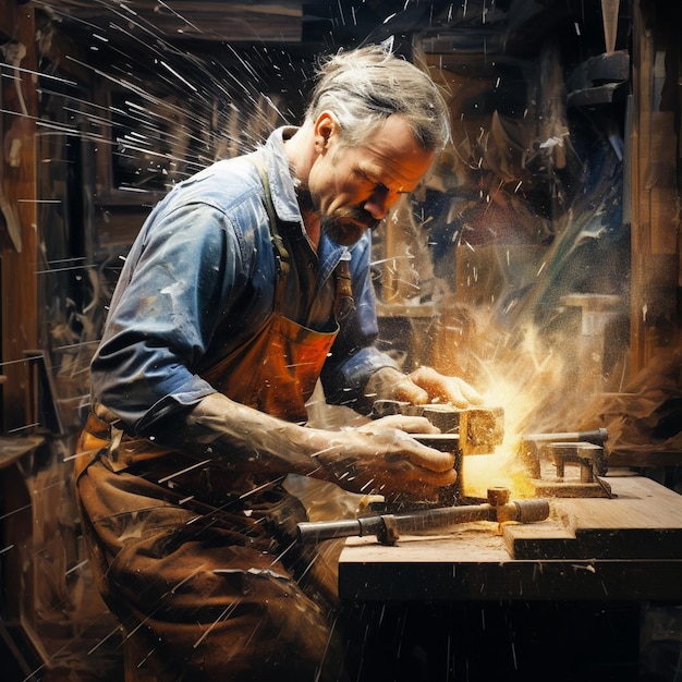 un homme avec une chemise bleue travaille sur un morceau de bois.