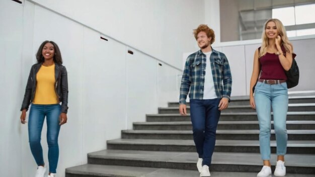 un homme avec une chemise à carreaux descend un ensemble d'escaliers