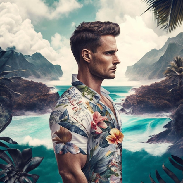 Un homme en chemise hawaïenne se tient devant un paysage tropical.