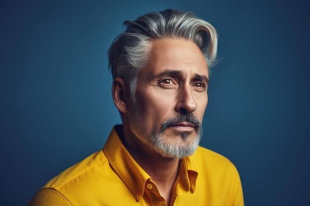 Un homme avec une chemise jaune et des cheveux gris