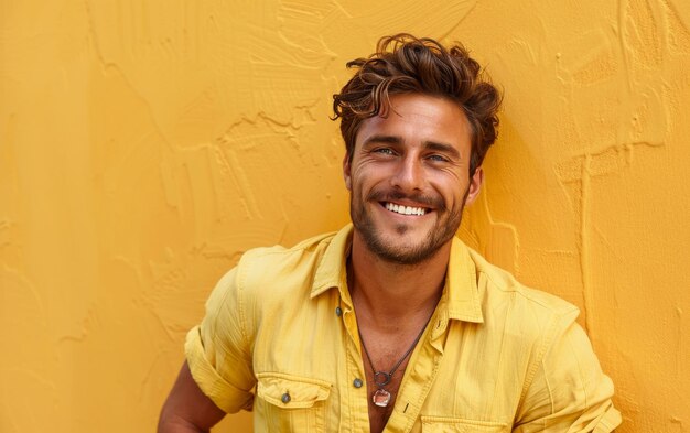 L'homme en chemise jaune s'appuie sur le mur jaune