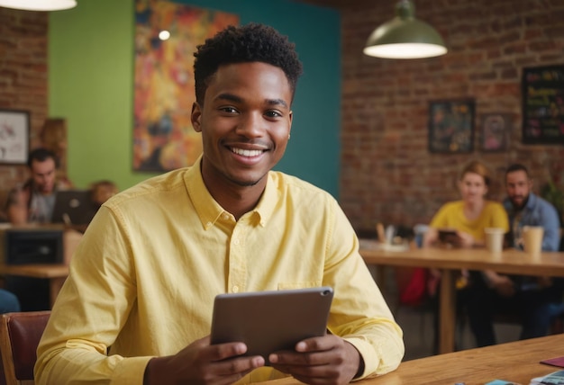 Homme en chemise jaune utilisant une tablette numérique dans un café