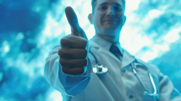 Photo un homme en chemise de laboratoire blanche lève le pouce.