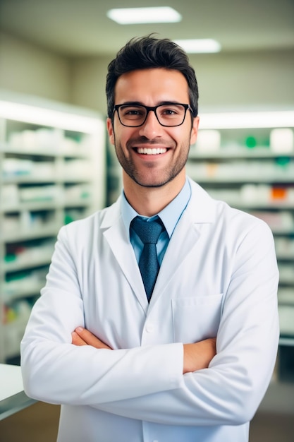 Homme en chemise de laboratoire et cravate debout avec les bras croisés IA générative