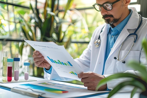 Photo un homme en chemise de laboratoire regarde un morceau de papier.