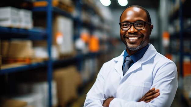 Un homme en chemise de laboratoire souriant se tient dans un entrepôt exhalant et professionnalisme