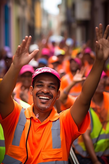 un homme en chemise orange fait signe à la foule