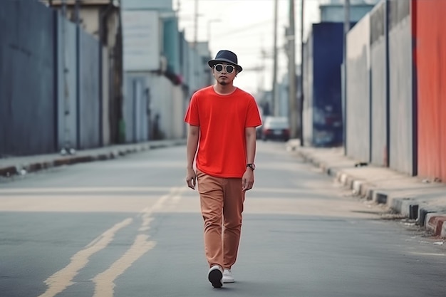 Un homme en chemise rouge et chapeau noir marche dans la rue